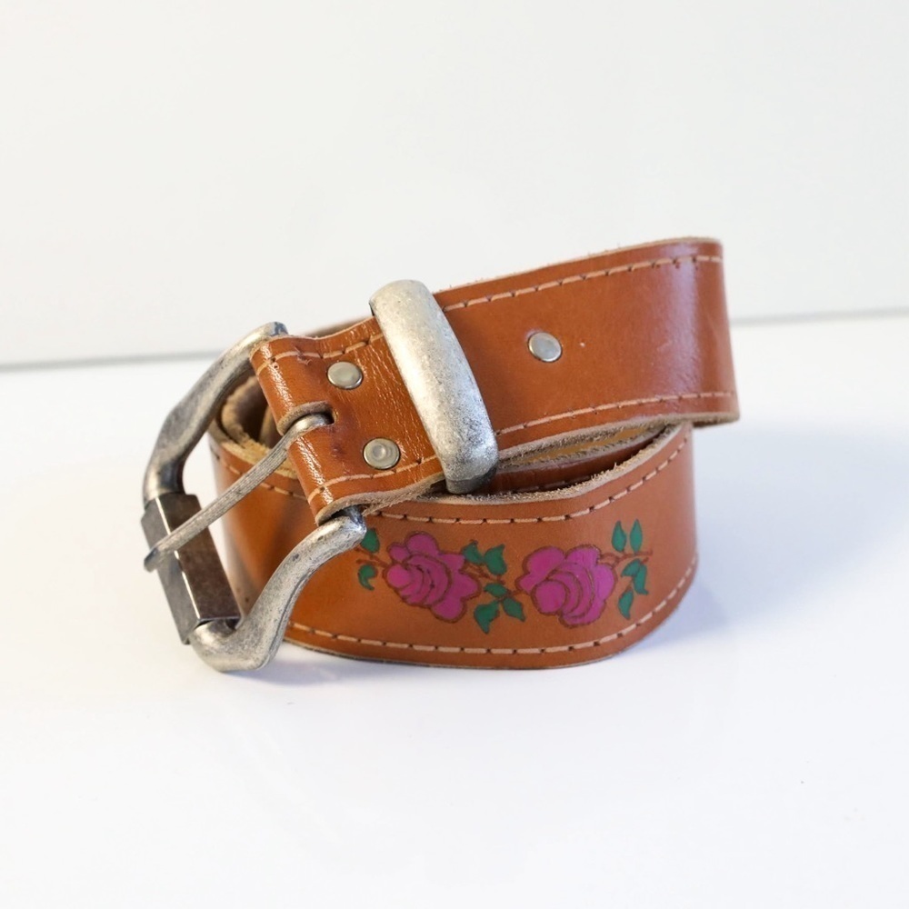 Vintage Tooled Genuine Leather Belt Painted Flowers brown Cottagecore Bohemian